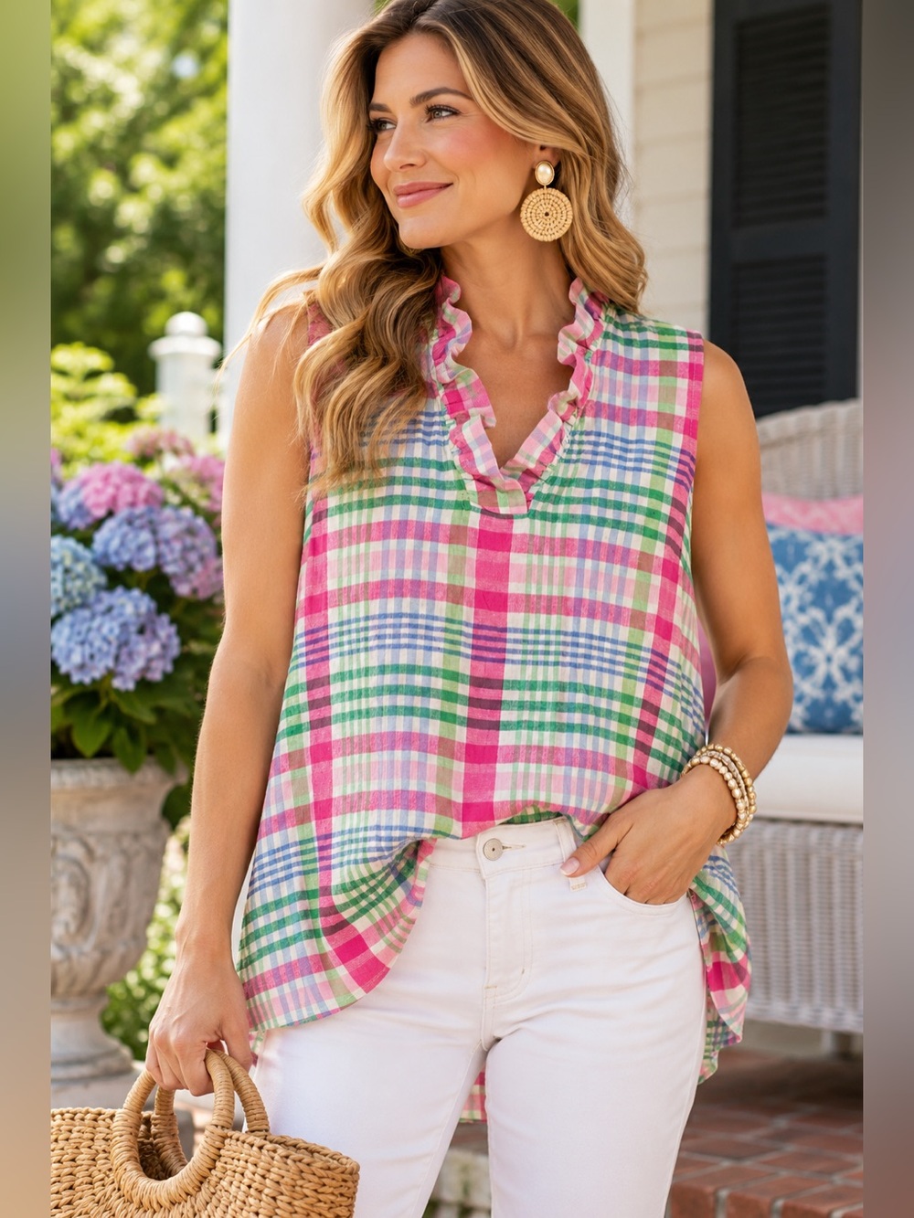 Crown & Ivy Linen Cotton Plaid Ruffle Neck Sleeveless Top XL